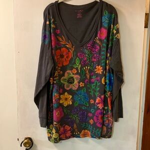 NATURAL LIFE Gray V Neck One Size/Oversized Floral Long Sleeve Cotton Tunic